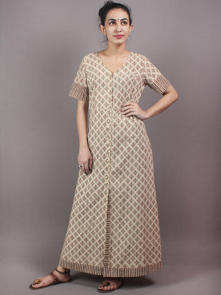 Beige Brown Black Hand Block Printed Long Cotton Dress With Front Slit - D0435001