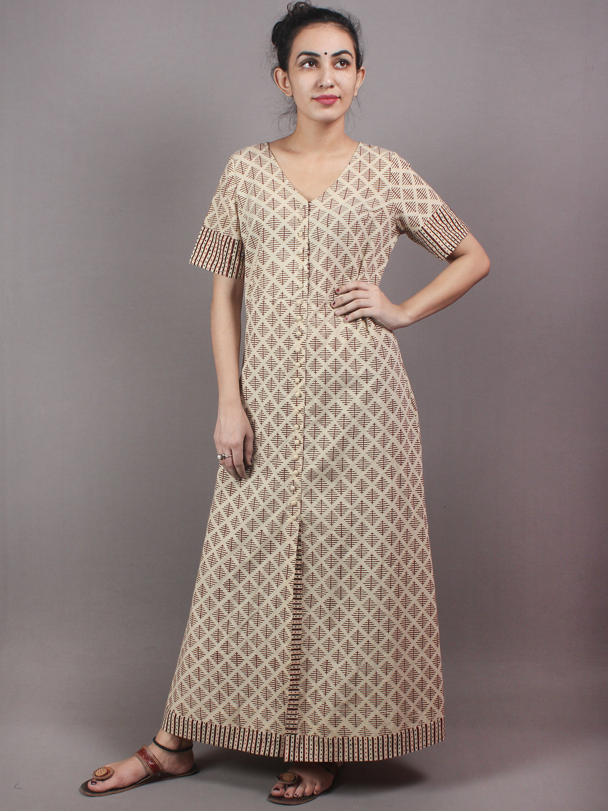 Beige Brown Black Hand Block Printed Long Cotton Dress With Front Slit - D0435001