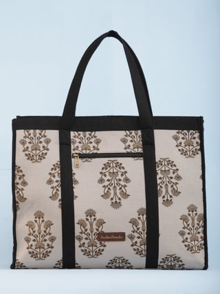 Beige Black Golden Block Printed Tote Bag - B1101