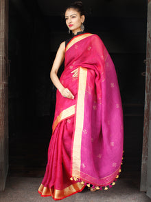 Pink Golden Handwoven Linen Jamdani Saree With Zari Pallu - S031703573