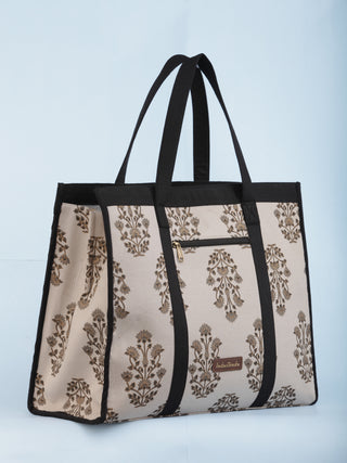 Beige Black Golden Block Printed Tote Bag - B1101