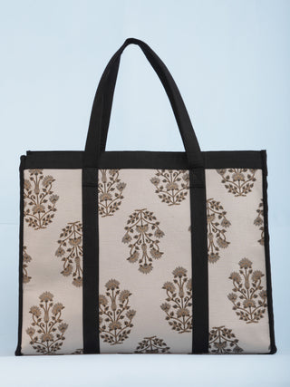 Beige Black Golden Block Printed Tote Bag - B1101