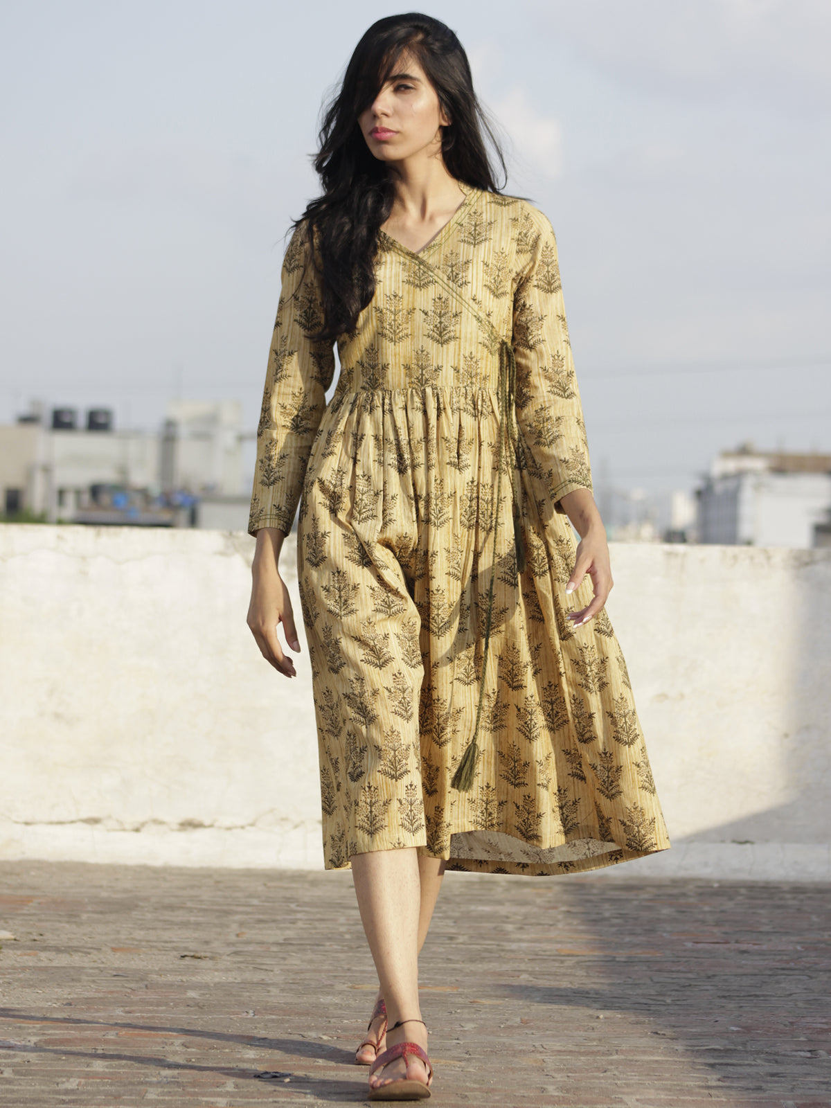 Beige Olive Green Ivory Hand Block Printed Cotton Angrakha Dress With Tassel  - D97F900