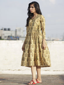 Beige Olive Green Ivory Hand Block Printed Cotton Angrakha Dress With Tassel  - D97F900