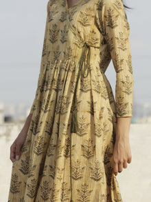 Beige Olive Green Ivory Hand Block Printed Cotton Angrakha Dress With Tassel  - D97F900