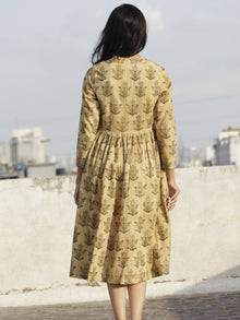 Beige Olive Green Ivory Hand Block Printed Cotton Angrakha Dress With Tassel  - D97F900