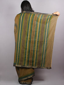 Brown Green Mono Chanderi  Hand Block Printed Saree with Zari Border - S0317200