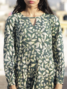 Pine Green Indigo Ivory Hand Block Printed Cotton Midi Dress With Knife Pleats - D101F605