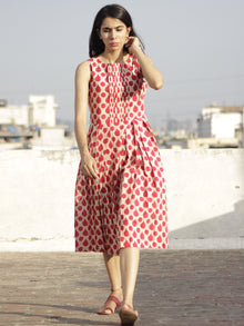 Red Ivory Hand Block Printed Cotton Dress With Knife Pleats - D103F484