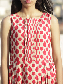 Red Ivory Hand Block Printed Cotton Dress With Knife Pleats - D103F484