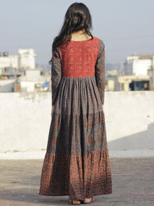 Indigo Maroon Red Yellow Ajrakh Hand Block Printed Tier Dress  -  D95F649