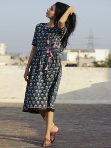 Indigo Black Ivory Pink Hand Block Printed Dress With Cold Shoulders And Tassels - D69F908