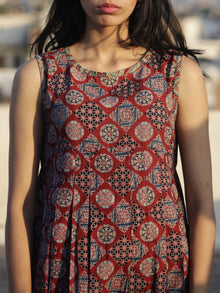 Maroon Indigo Light Green Black Ivory Ajrak Block Printed Cotton Dress With Knife Pleats - D104F677