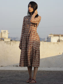 Red Ivory Green Black Hand Block Printed Cotton  Midi Dress - D105F896