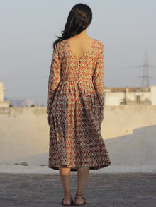 Red Ivory Green Black Hand Block Printed Cotton  Midi Dress - D105F896