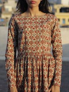 Red Ivory Green Black Hand Block Printed Cotton  Midi Dress - D105F896