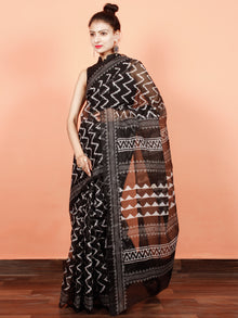 Black Grey White Hand Block Printed Kota Doria Saree in Natural Colors - S031703566