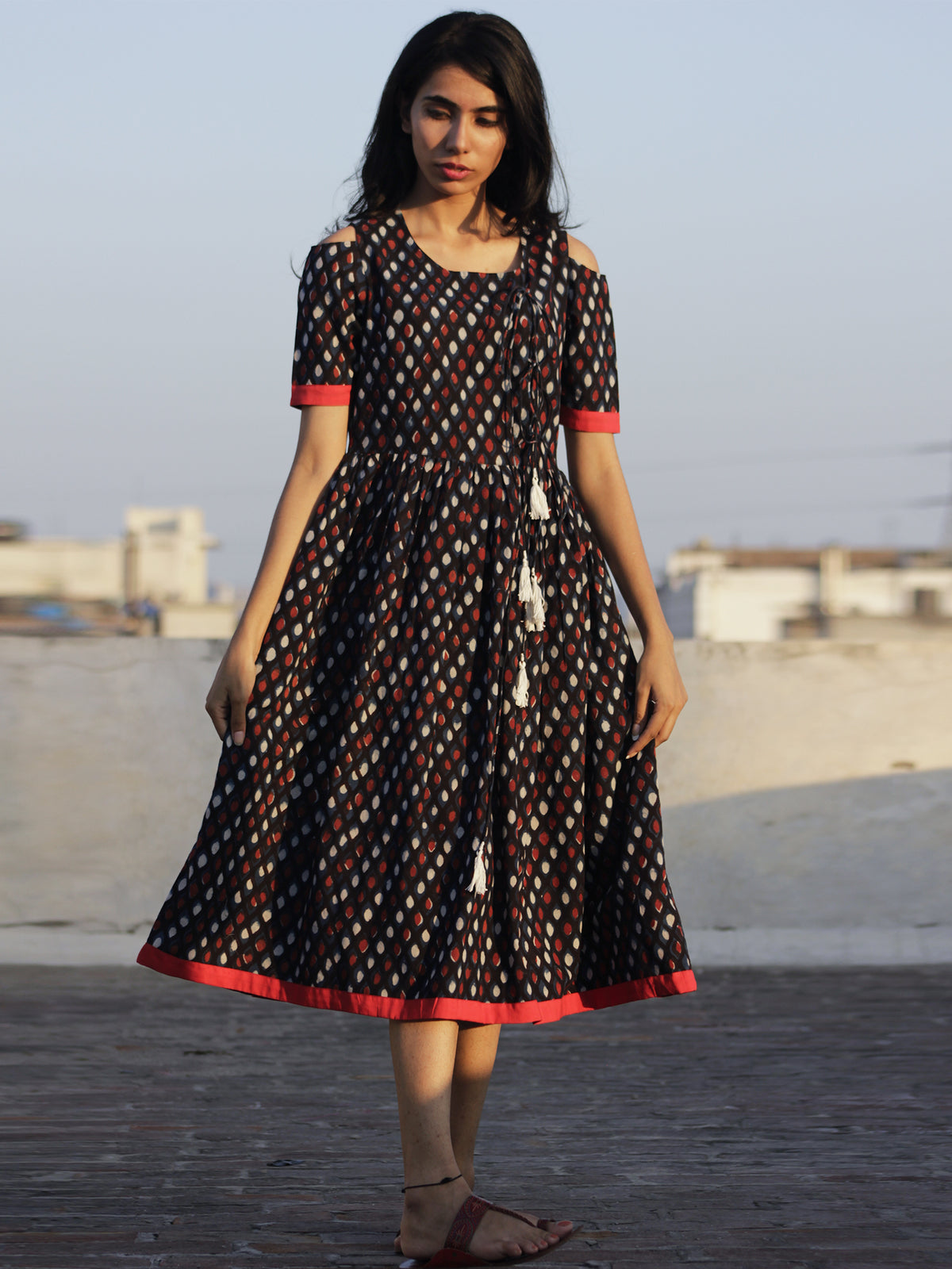 Black Indigo Rust Ivory Hand Block Printed Cotton Angrakha Dress  - D69F895