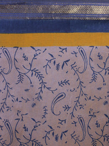 Grey Blue Mono Chanderi  Hand Block Printed Saree with Zari Border - S0317202