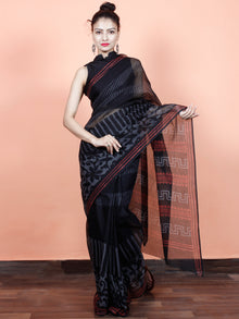 Black Grey Red Hand Block Printed Kota Doria Saree in Natural Colors - S031703567