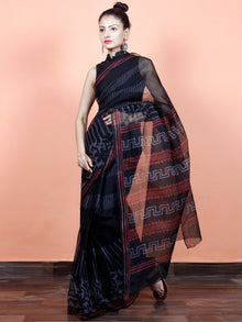 Black Grey Red Hand Block Printed Kota Doria Saree in Natural Colors - S031703567