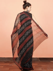 Black Grey Red Hand Block Printed Kota Doria Saree in Natural Colors - S031703567