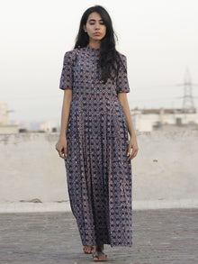 Indigo Ivory Rust Hand Block Cotton Dress With Cold Shoulder And Side Pockets -  D80F906