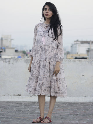 Light Peach Black Chiffon Tier Dress With Tassels And Peasant Sleeve & Lining -  D106F002