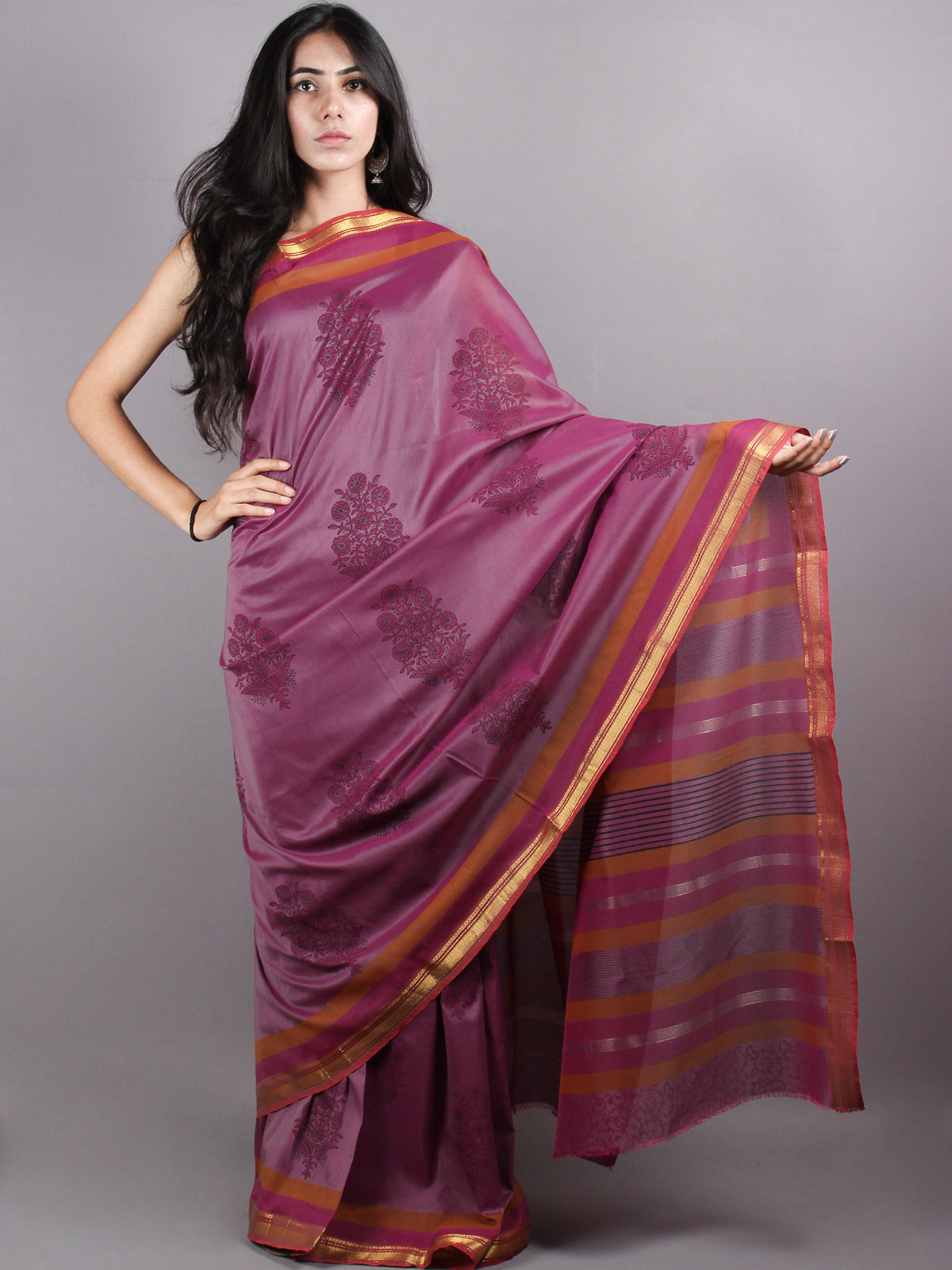 Magenta Maroon Mono Chanderi  Hand Block Printed Saree with Zari Border - S0317204
