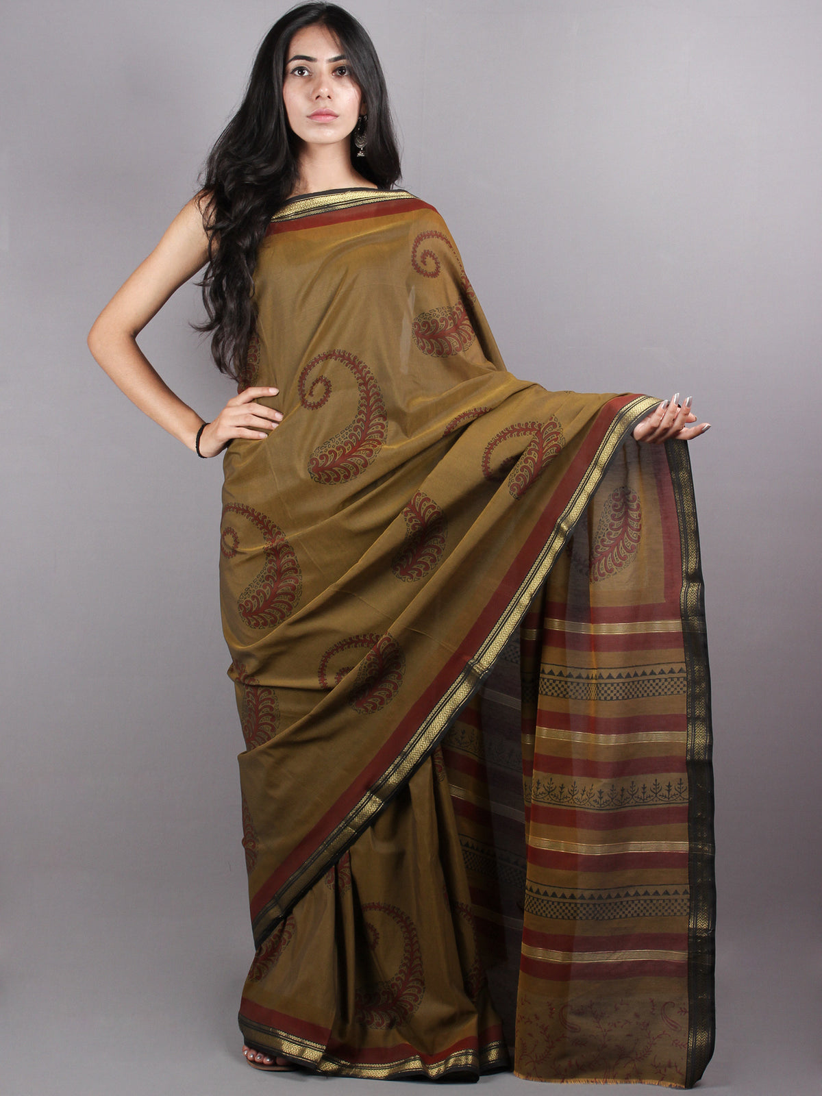 Brown Red Mono Chanderi  Hand Block Printed Saree with Zari Border - S0317205
