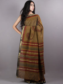 Brown Red Mono Chanderi  Hand Block Printed Saree with Zari Border - S0317205