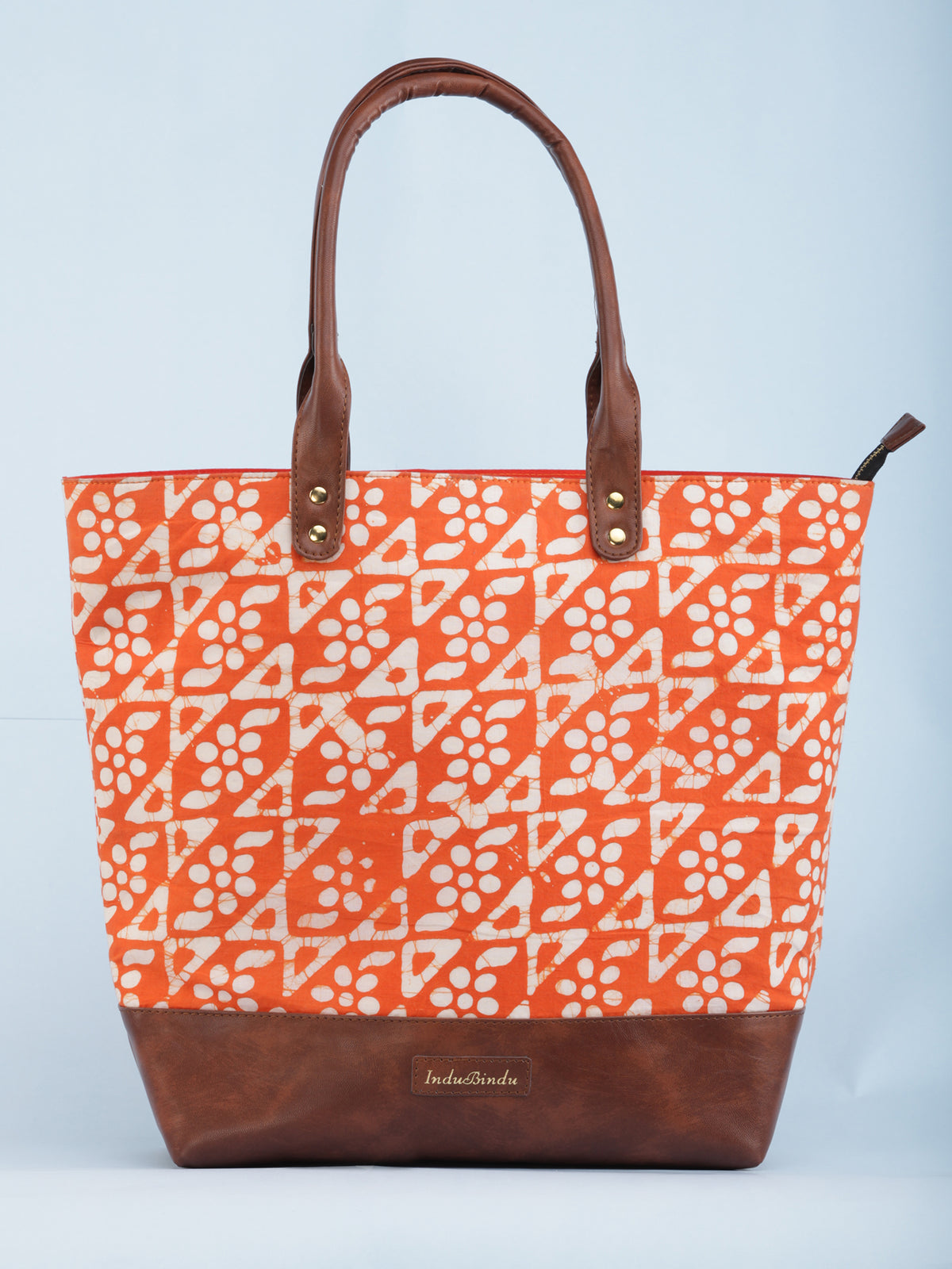 Orange White Hand Block Printed & Vegan Leather Tote Bag - B1003