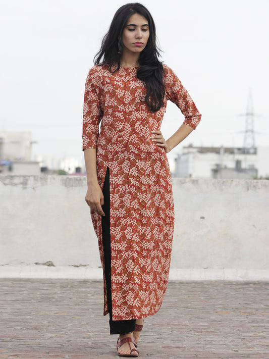 Red Mustard Ivory Hand Block Printed Kurti With Front Slit - K08F592