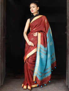 Reddish Brown Blue Golden Handwoven Linen Jamdani Saree With Zari Pallu - S031703575