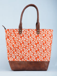 Orange White Hand Block Printed & Vegan Leather Tote Bag - B1003