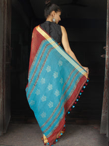 Reddish Brown Blue Golden Handwoven Linen Jamdani Saree With Zari Pallu - S031703575