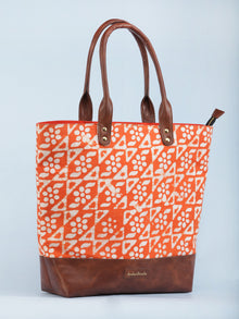 Orange White Hand Block Printed & Vegan Leather Tote Bag - B1003