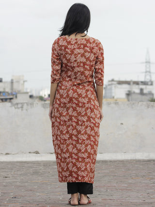 Red Mustard Ivory Hand Block Printed Kurti With Front Slit - K08F592