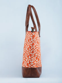 Orange White Hand Block Printed & Vegan Leather Tote Bag - B1003