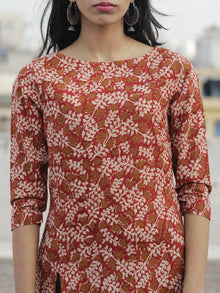 Red Mustard Ivory Hand Block Printed Kurti With Front Slit - K08F592