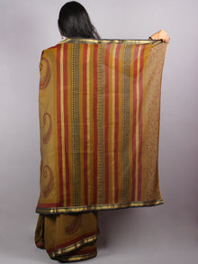 Brown Red Mono Chanderi  Hand Block Printed Saree with Zari Border - S0317205
