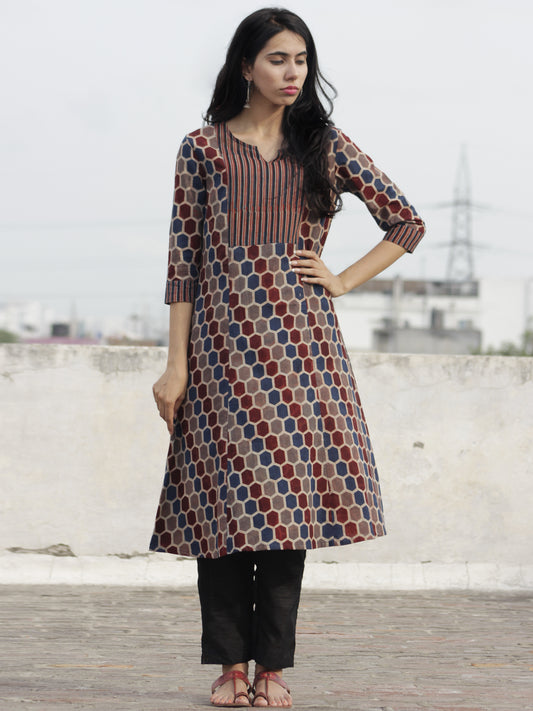 Indigo Maroon Brown Beige Ajrakh Hand Block Printed Kurta  - K21F637
