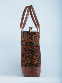 Black Maroon Mustard Ajrakh Hand Block Printed & Vegan Leather Tote Bag - B1005