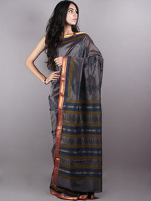 Grey Blue Mono Chanderi  Hand Block Printed Saree with Zari Border - S0317208
