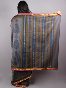 Grey Blue Mono Chanderi  Hand Block Printed Saree with Zari Border - S0317208