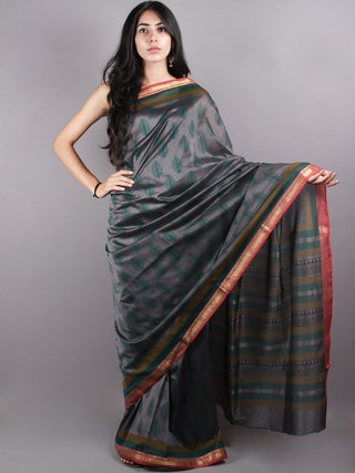 Grey Green Mono Chanderi  Hand Block Printed Saree with Zari Border - S0317210