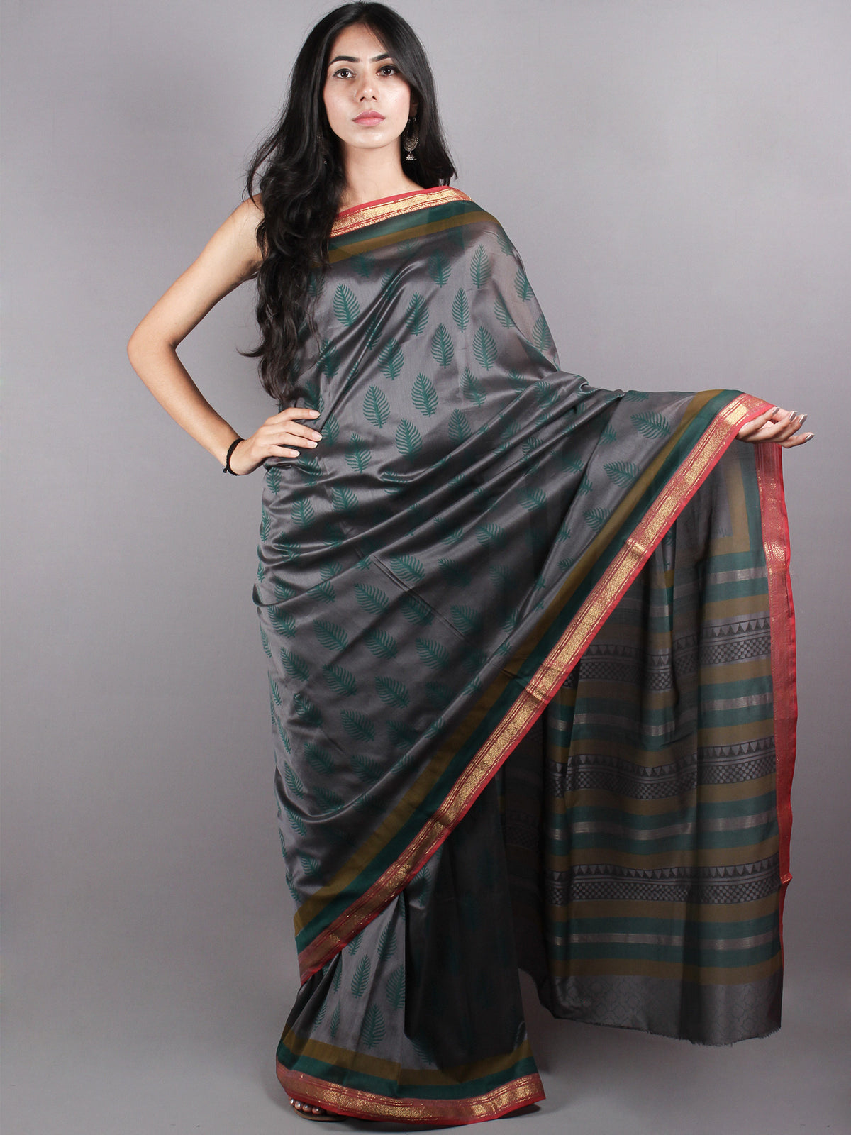 Grey Green Mono Chanderi  Hand Block Printed Saree with Zari Border - S0317210
