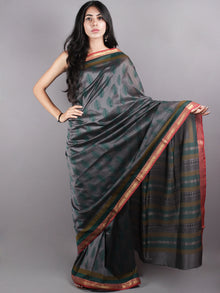 Grey Green Mono Chanderi  Hand Block Printed Saree with Zari Border - S0317210