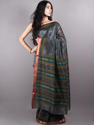 Grey Green Mono Chanderi  Hand Block Printed Saree with Zari Border - S0317210