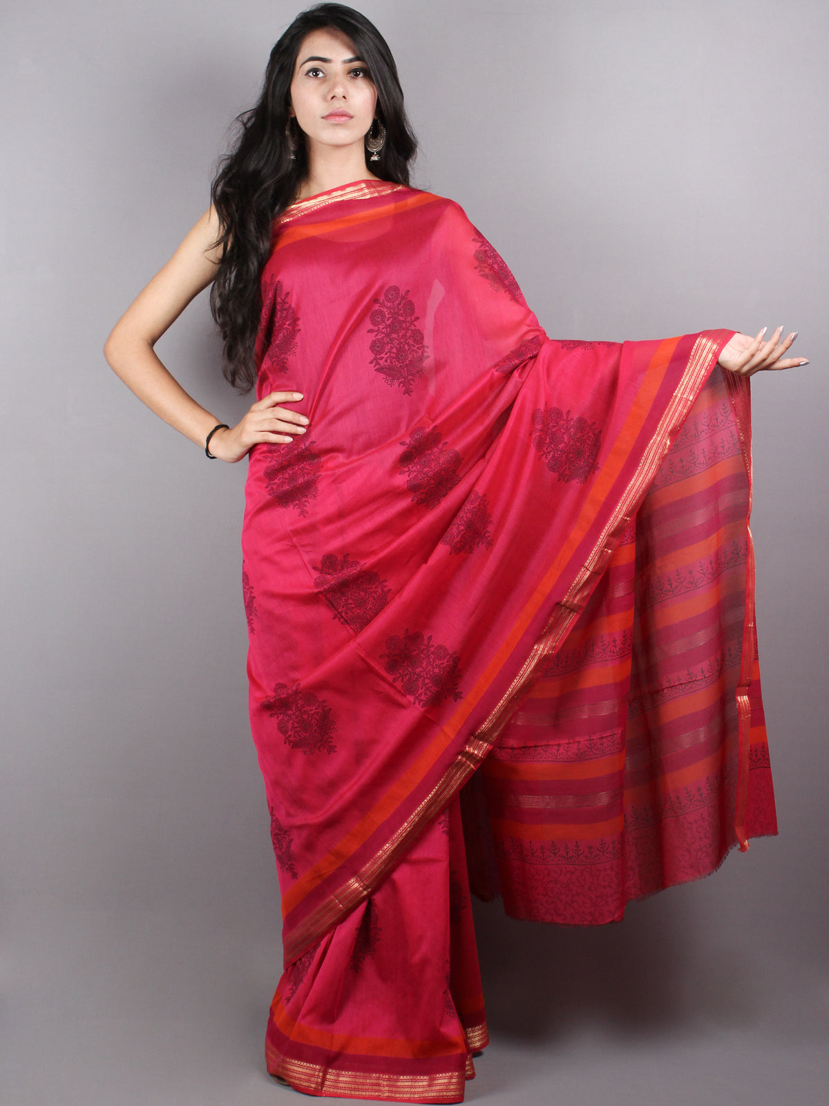 Red Black Mono Chanderi  Hand Block Printed Saree with Zari Border - S0317197